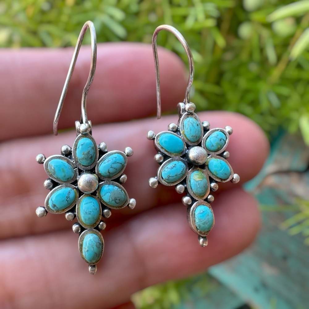 VTG Artisan Earrings 1.5" Hook Dangle Flower Blue Turquoise 925 Sterling 6.2g